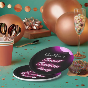 Plato De Papel Elegante neón negro rosado dulce 16 cumpleaños