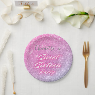 Plato De Papel Elegante neón negro rosado dulce 16 cumpleaños
