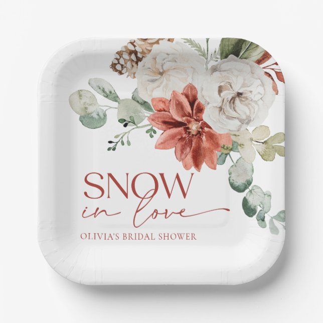 Plato De Papel Elegante nieve en amor ducha de novia roja de invi (Anverso)