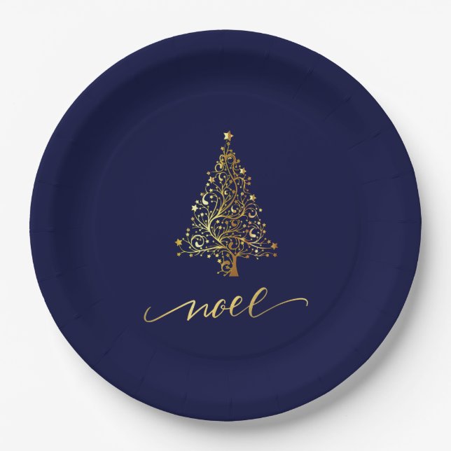 Plato De Papel Elegante Noel de árbol de navidad azul y dorado de (Anverso)