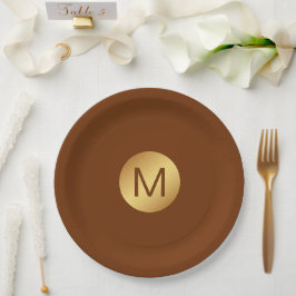 Plato De Papel Elegante nombre inicial de Brown y Gold