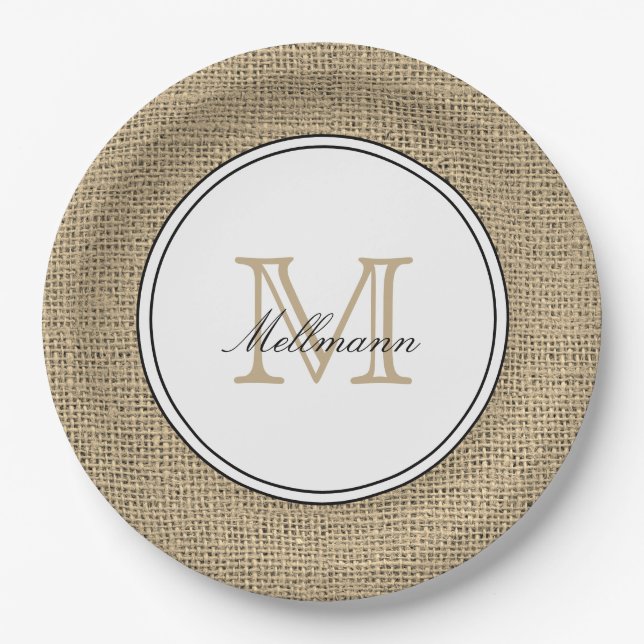 Plato De Papel Elegante Nombre Monograma País Moda Estilo Burlap (Anverso)
