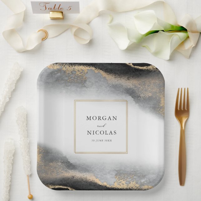 Plato De Papel Elegante Opulencia Negro y Oro Moderno (Boda)