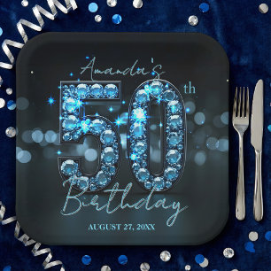 Plato De Papel Elegante Opulento Cumpleaños 50 Diamantes Azul Tea