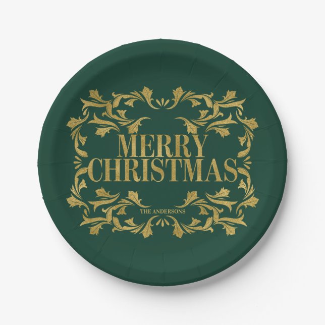 Plato De Papel Elegante Ornate Gold Merry Christmas Paper Plate (Anverso)