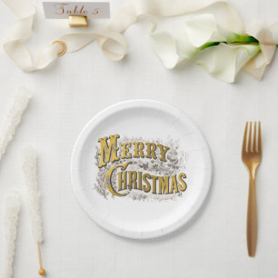 Plato De Papel Elegante oro blanco Feliz Navidad Rústica Vintage