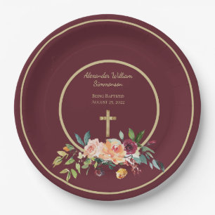 Plato De Papel Elegante oro Borgoña Floral Baby Christening