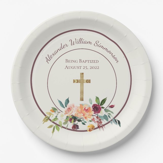 Plato De Papel Elegante oro Borgoña Floral Baby Christening (Anverso)