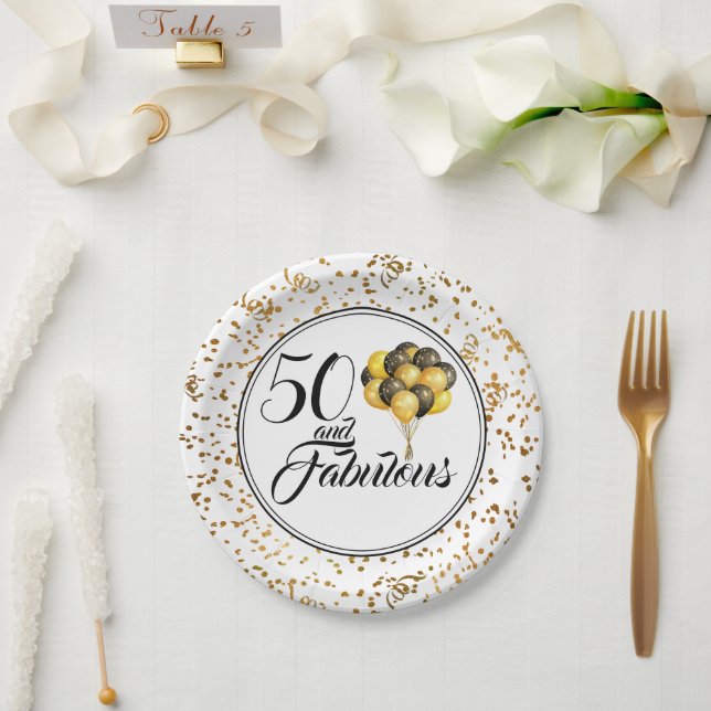 Plato De Papel Elegante oro negro 50 y fabuloso cumpleaños (Boda)