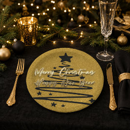 Plato De Papel Elegante Oro Negro Feliz Navidad Feliz Año Nuevo