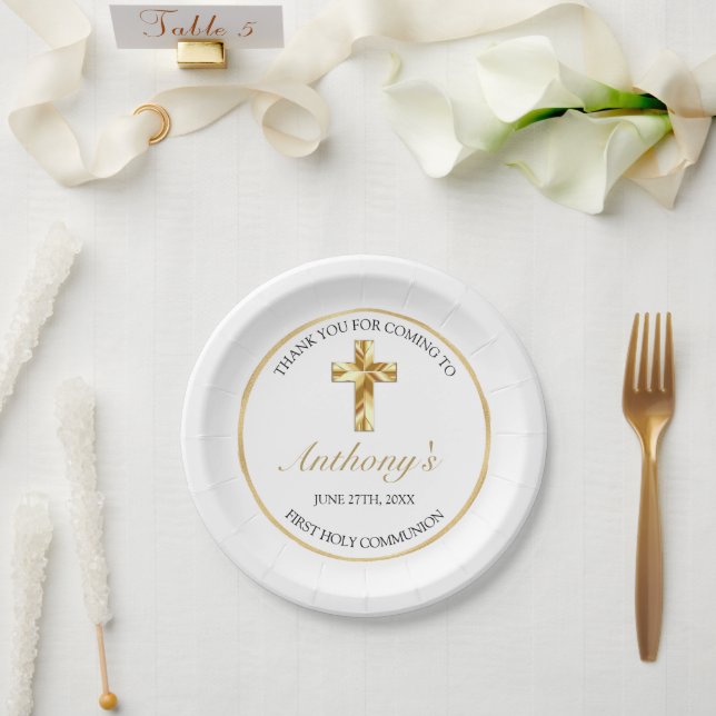 Plato De Papel Elegante Oro Primero Santa Comunión Gracias (Boda)