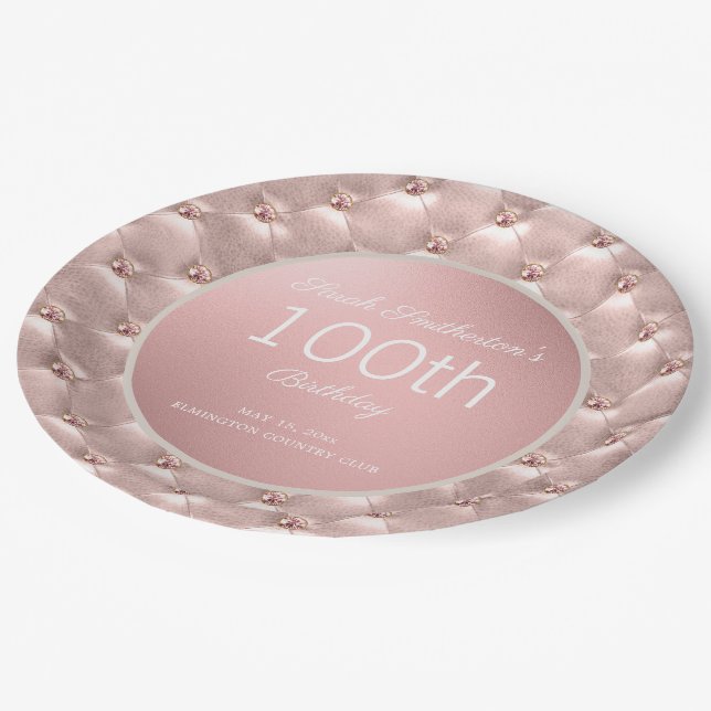 Plato De Papel Elegante Oro Rosa Rosa 100 cumpleaños (Angular)