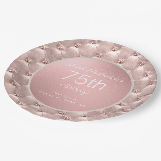 Plato De Papel Elegante Oro Rosa Rosa 75º cumpleaños (Angular)