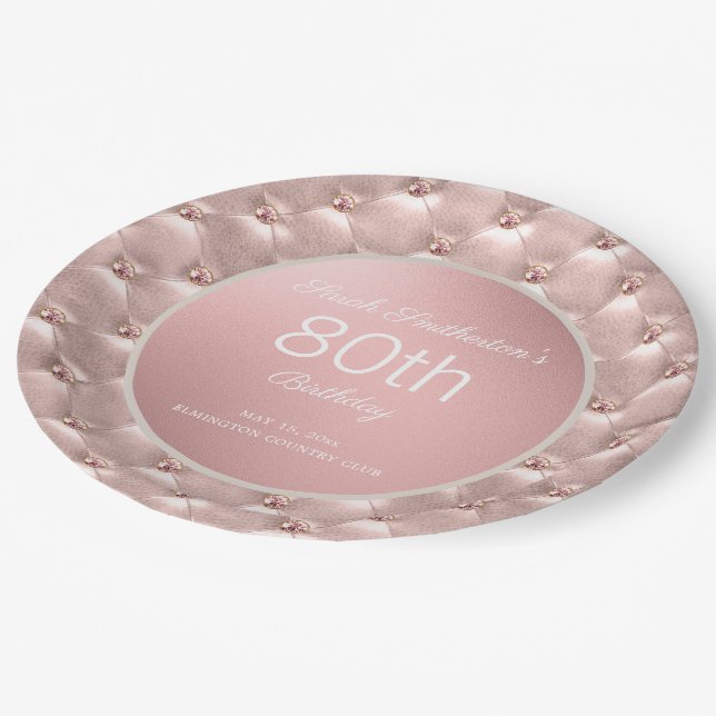 Plato De Papel Elegante Oro Rosa Rosa 80 cumpleaños (Angular)