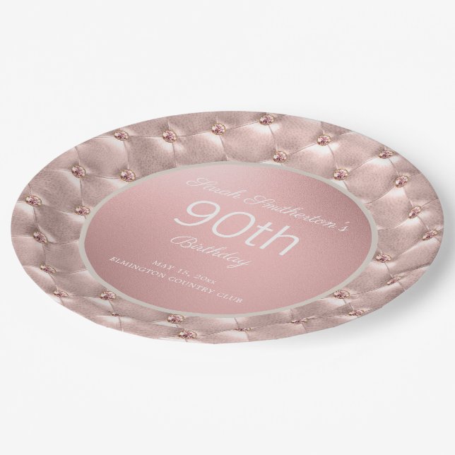 Plato De Papel Elegante Oro Rosa Rosa 90 cumpleaños (Angular)