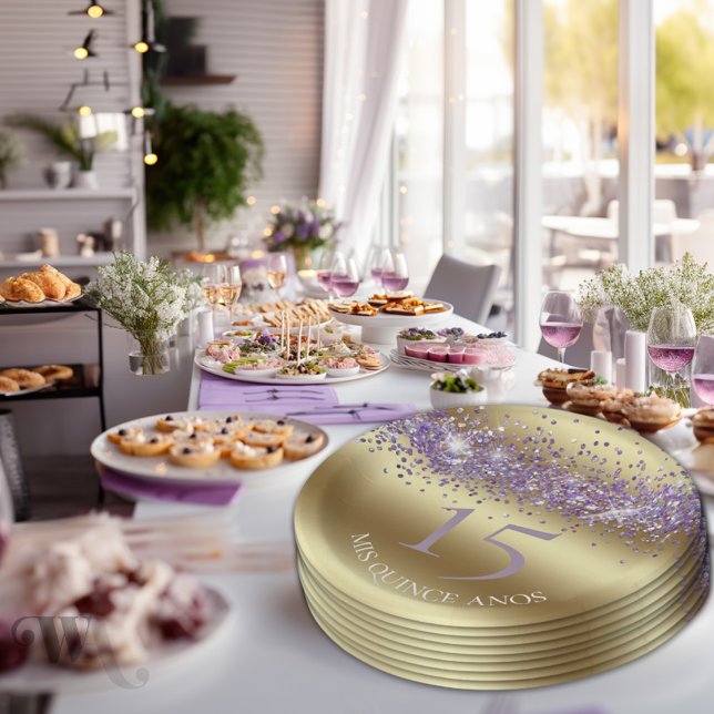 Plato De Papel Elegante oro y Purpurina Quinceañera (Subido por el creador)