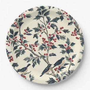 Plato De Papel Elegante Pájaro Cantando Invierno Acebo Crema Patr