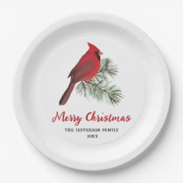 Plato De Papel Elegante pájaro cardenal sobre Navidades Monograma