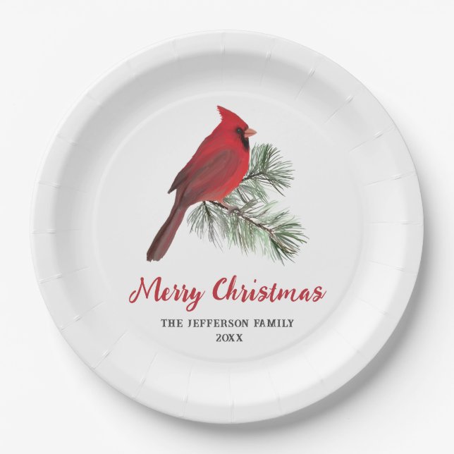 Plato De Papel Elegante pájaro cardenal sobre Navidades Monograma (Anverso)