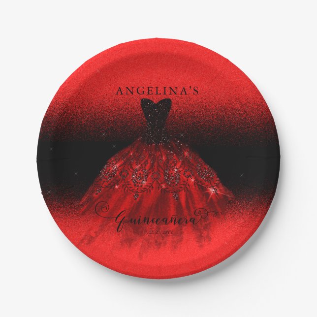 Plato De Papel Elegante Papel de Quinceañera de Guisón Rojo Españ (Anverso)