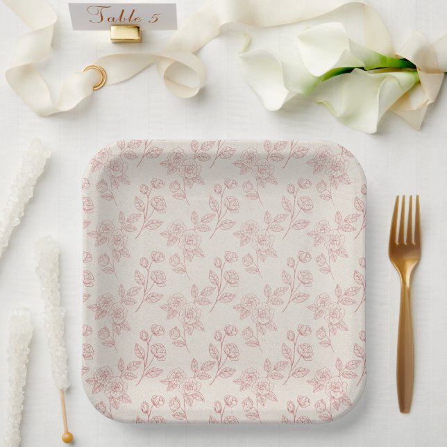 Plato De Papel Elegante Papel Rosa Rojo Chintz (Boda)