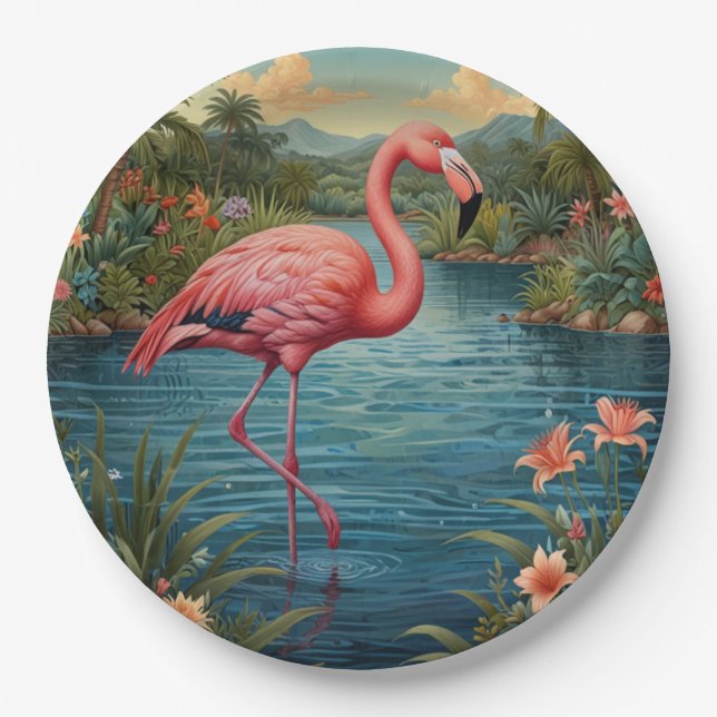 Plato De Papel Elegante paraíso tropical flamingo rosa (Anverso)