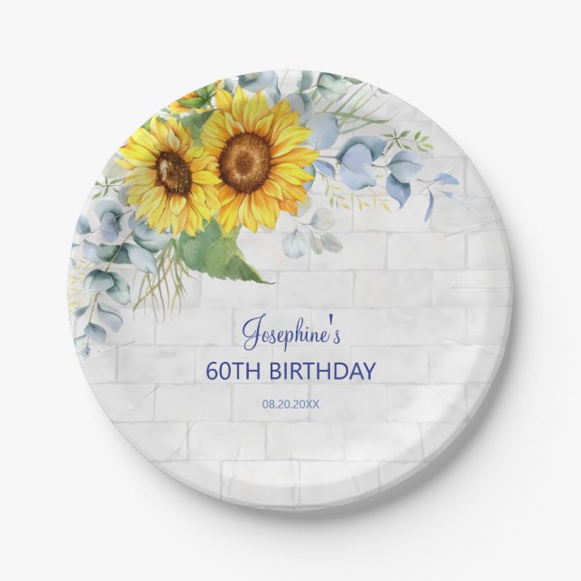 Plato De Papel Elegante Pared Girasol Brick Floral Cumpleaños (Anverso)