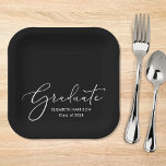 Plato De Papel Elegante Partido de Graduación Negra con Guión Bla<br><div class="desc">Elegantes platos de papel negro de la fiesta de graduación con "Graduado" en un guión blanco de moda y el nombre del graduado y el año de clase en una simple tipografía blanca moderna.</div>