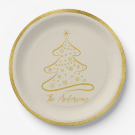 Plato De Papel Elegante Pastel Bone Beige Oro Árbol de Navidad