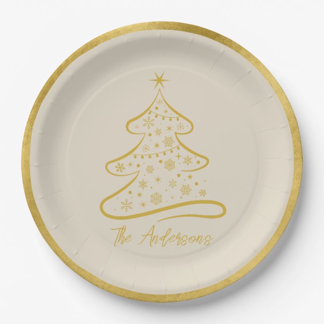 Plato De Papel Elegante Pastel Bone Beige Oro Árbol de Navidad (Anverso)