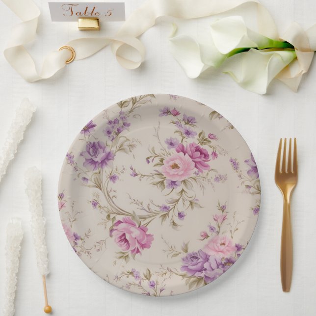Plato De Papel Elegante pasto y flores de jardín morado" (Boda)