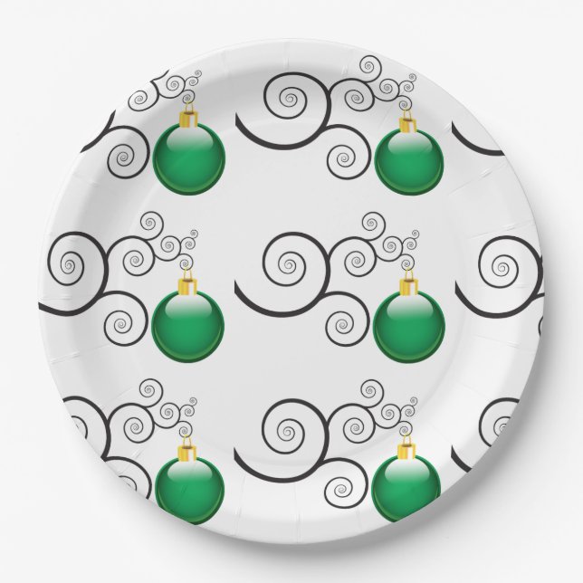 Plato De Papel Elegante patrón de adorno de Navidad verde (Anverso)