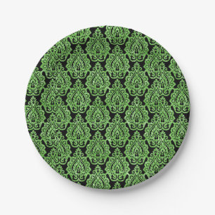 Plato De Papel Elegante patrón de damasco negro verde esmeralda v