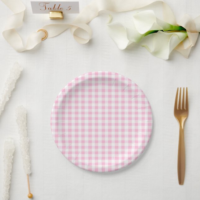 Plato De Papel Elegante patrón de Gingham rosa y Blanco (Boda)