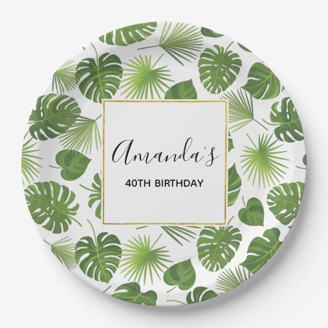 Plato De Papel Elegante patrón de hojas tropicales verdes (Anverso)