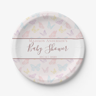 Plato De Papel Elegante patrón de mariposa rosada en Baby Shower