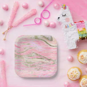 Plato De Papel Elegante patrón de mármol Purpurina rosado