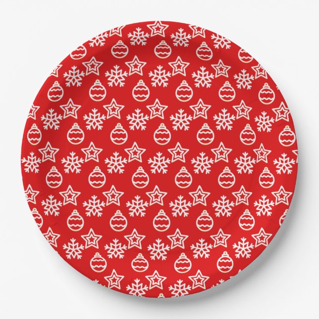 Plato De Papel Elegante patrón de Navidad en rojo (Anverso)
