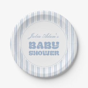Plato De Papel Elegante Patrón de Rayas Azul Polvo Baby Shower