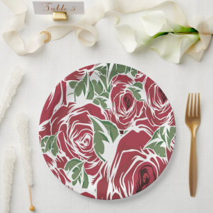 Plato De Papel Elegante patrón de Rosa Vintage - Floral roja y ve