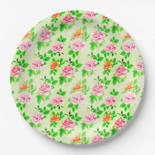 Plato De Papel Elegante patrón de rosas florales hojas verdes-236