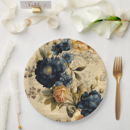 Plato De Papel Elegante patrón floral de crema azul