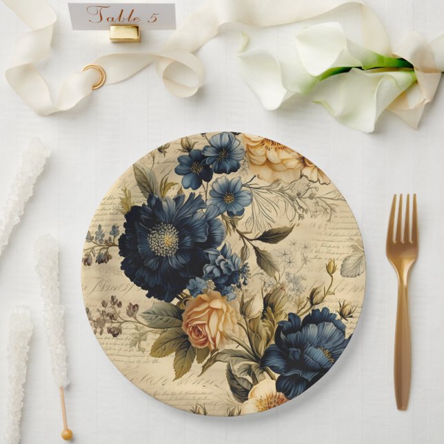 Plato De Papel Elegante patrón floral en azul crema (Boda)
