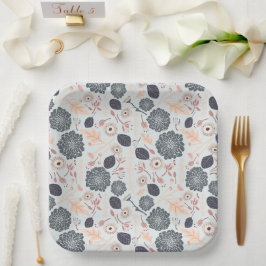 Plato De Papel Elegante patrón floral gris azul melocotón