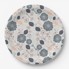 Plato De Papel Elegante patrón floral gris azul melocotón