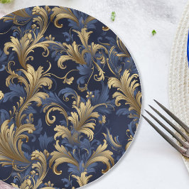 Plato De Papel Elegante patrón floral vintage de oro azul