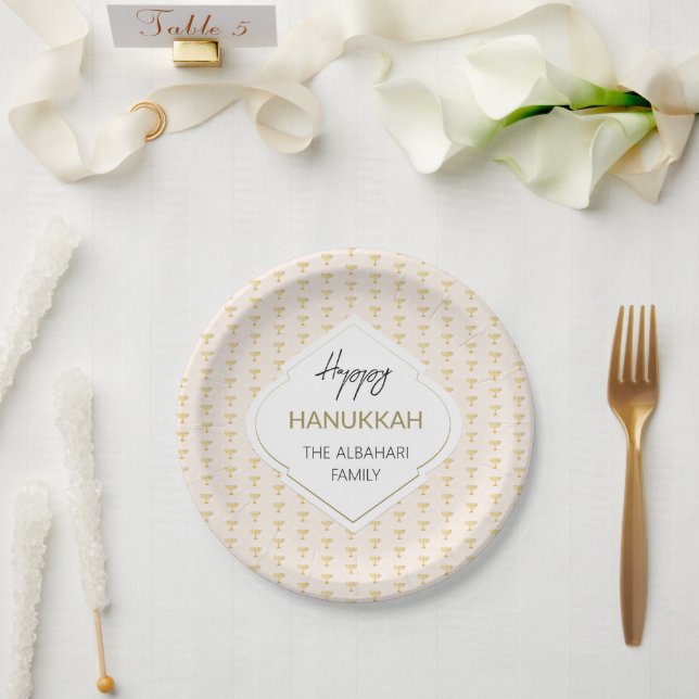 Plato De Papel Elegante patrón Hanukkah Holiday Pattern Gold (Boda)