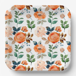 Plato De Papel Elegante patrón sin fisuras de flores de acuarela