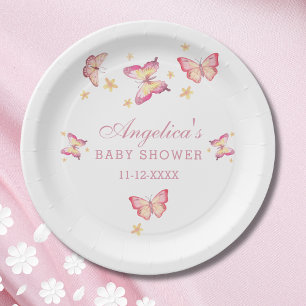 Plato De Papel Elegante Peach Pink Butterfly Baby Shower