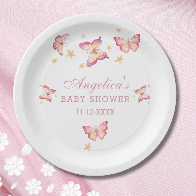 Plato De Papel Elegante Peach Pink Butterfly Baby Shower (Subido por el creador)